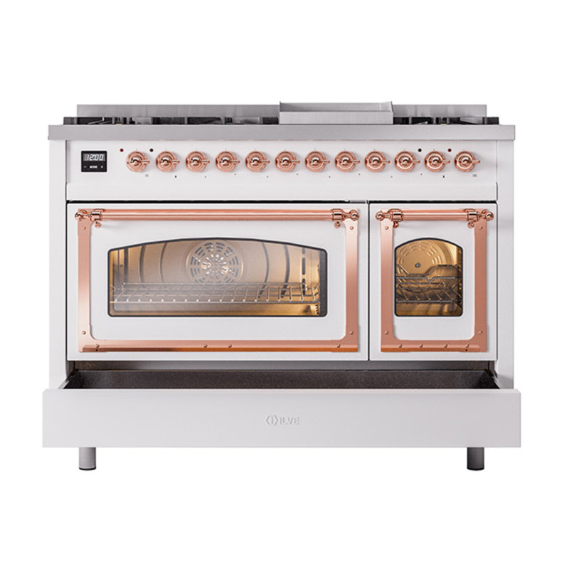 ILVE Nostalgie II Noblesse 48 inch Dual Fuel Range (8 Sealed Burners + Griddle, Triple Glass Door, RAL), Copper