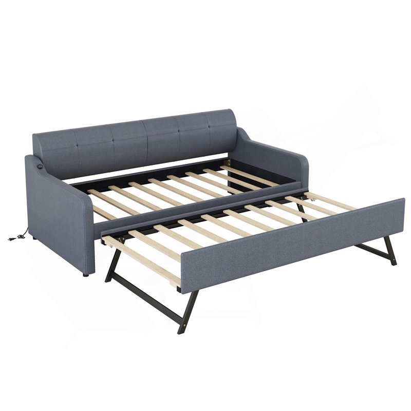 Lit de jour simple rembourré avec lit gigogne et conception de chargement USB, le lit gigogne peut être plat ou érigé, gris