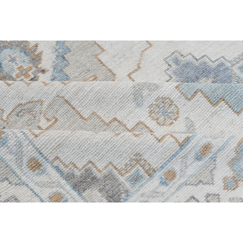 Hand Knotted Wool Southwestern Area Rug in Ivory/Gray/Blue