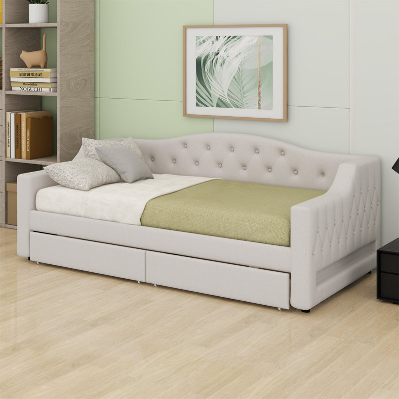 Lit de jour rembourré avec ceinture à DEL et 2 tiroirs, Beige
