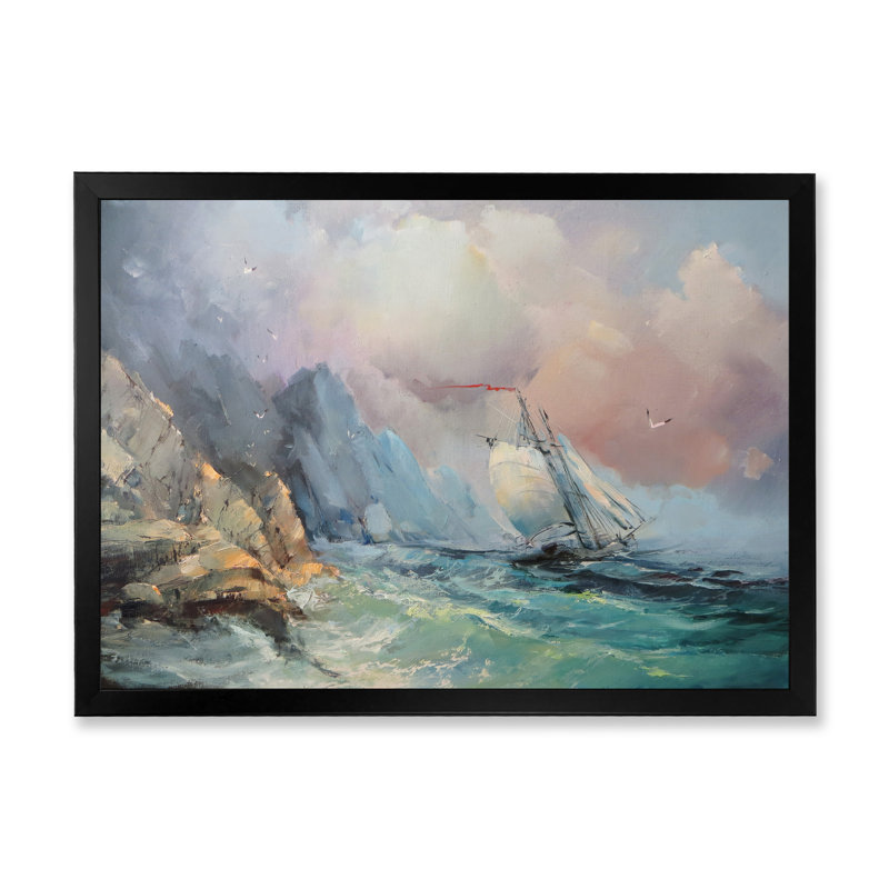 Vieux bateau à voile colonial dans la tempête II - peinture sur toile, Cadre noir, H 8 po x l 12 po x P 1 po
