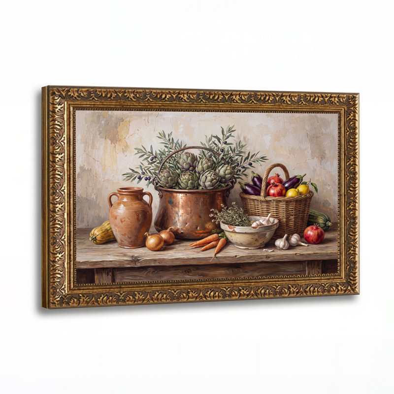 Nature morte des légumes et des fruits dans un pot en cuivre, tableau sur toile, H 20 po x l 30 po