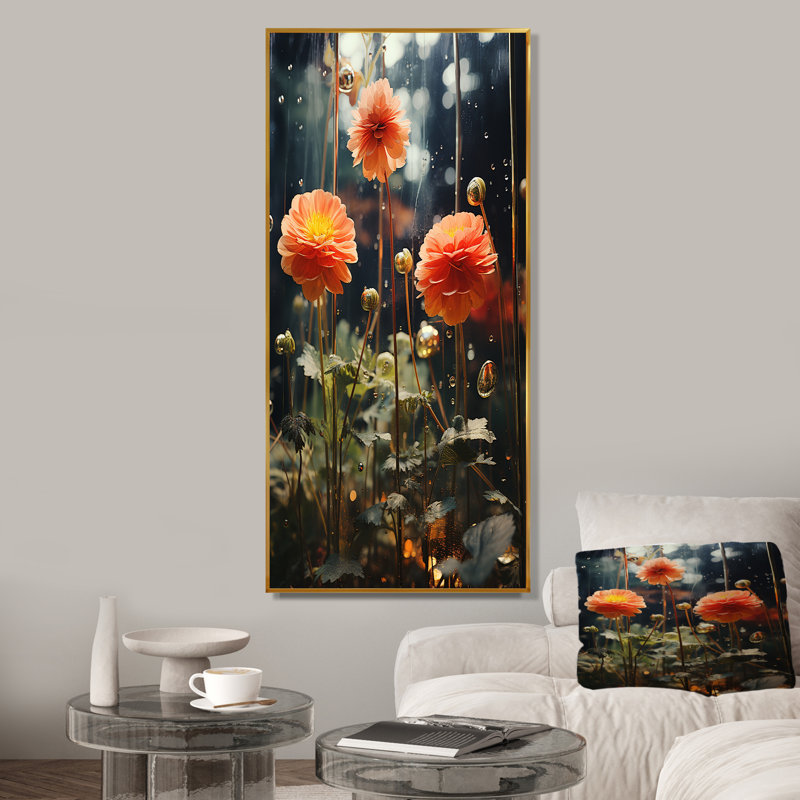 "Fleurs de zinnias orange et vertes", H 60 po x l 28 po x P 1,5 po, Cadre flottant doré