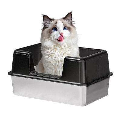 Spacious Stainless Steel Cat Litter Box – Extra Large, High Sides, Semi-Enclosed, Removable Tray, Non-Slip Mat, Scooper Included, Easy Clean, Odor Resistant, Ideal for Large Cats and Maine Coons