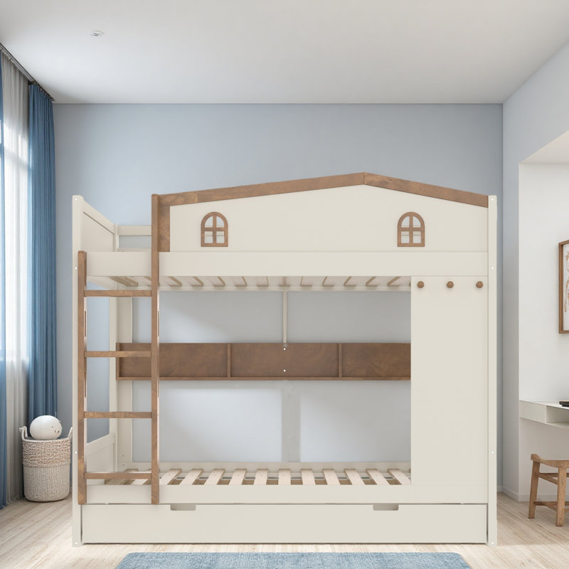 Lit superposé avec lit gigogne et tablettes de rangement, lits superposés en bois massif avec crochets, aucun sommier nécessaire