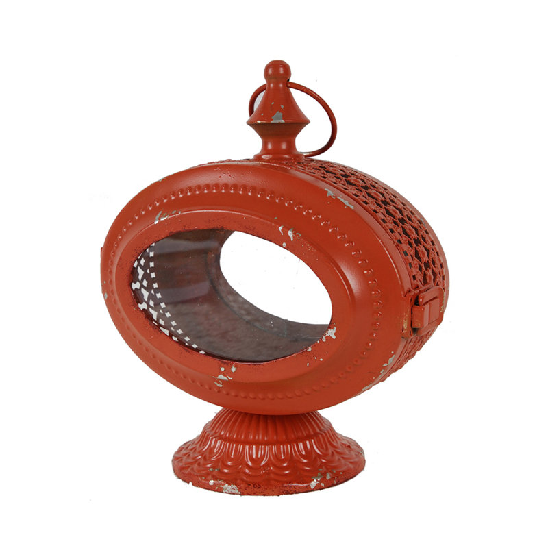Cia Candle Holder, 12 Inch Oval Shape, Red Iron Frame With Glass Center