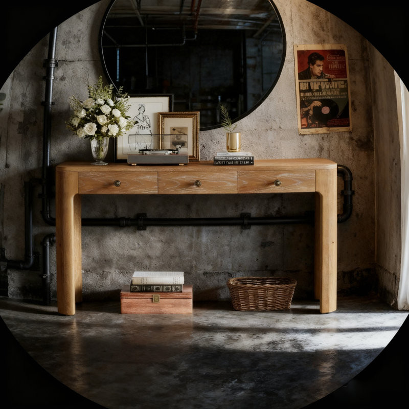 Console rustique avec coins arrondis pour la sécurité, table d'entrée avec 3 tiroirs dissimulés, Naturel