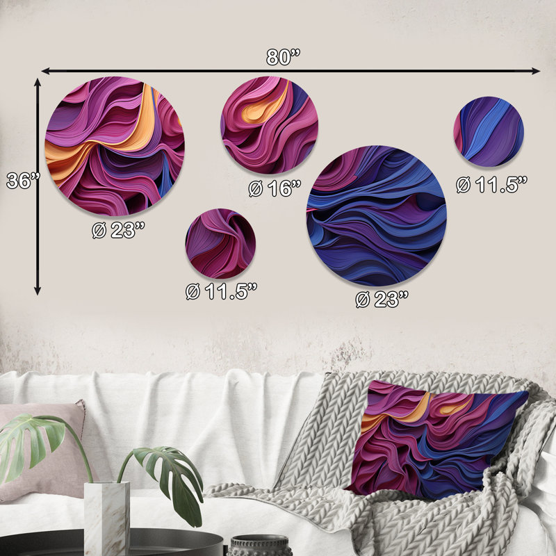 Bleu et mauve Fab Waves - ensemble d'art mural rond géométrique de 5