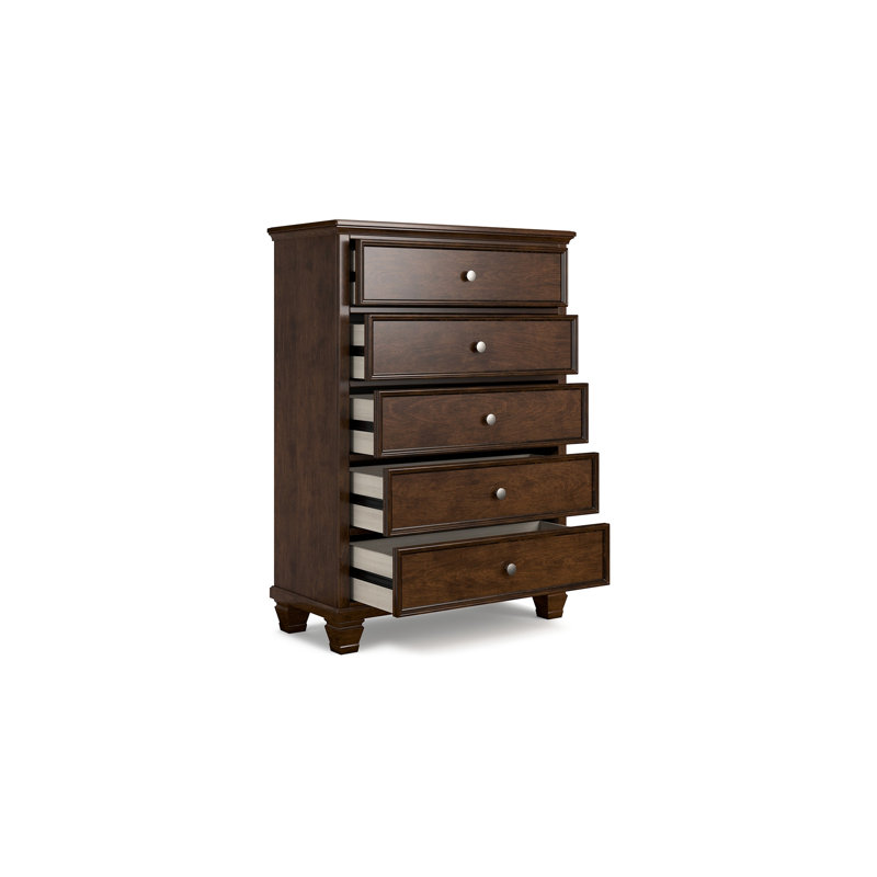 Reno Tall Dresser Chest, 5 Drawer Nickel Round Knobs, Brown Solid Wood