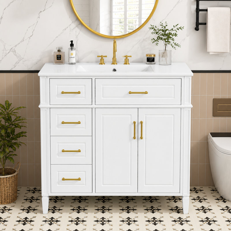 Meuble-lavabo blanc en céramique de deux pièces de 36 pouces avec tiroirs rabattables et quatre tablettes en bois de pin.