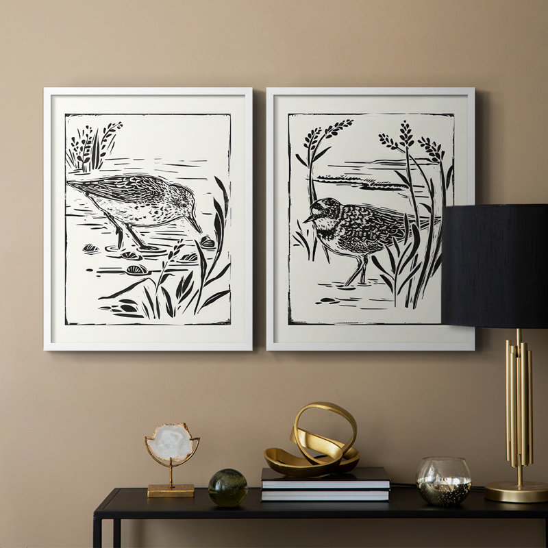 Linocut Style Seabird III - reproduction encadrée de qualité supérieure - prête à être accrochée - aucun clou requis - aucun clou requis