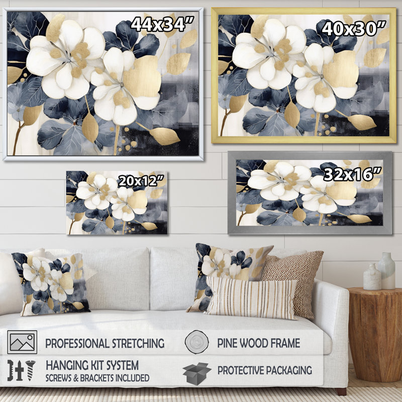 Or blanc hortensia Blooms Heaven II - art mural floral, H 16 po x l 32 po, Encadrement argenté