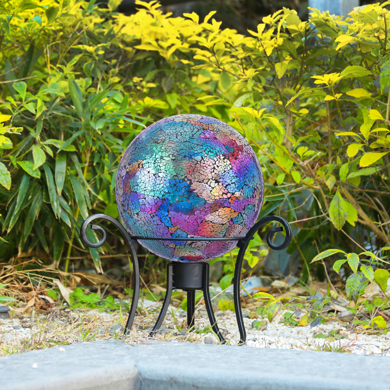 Boule de 10 pouces en verre mosaïque arc-en-ciel irisé, globe sphérique mosaïque multicolore craquelé, ornement en forme de globe de jardin, pour décoration de jardin extérieur de patio