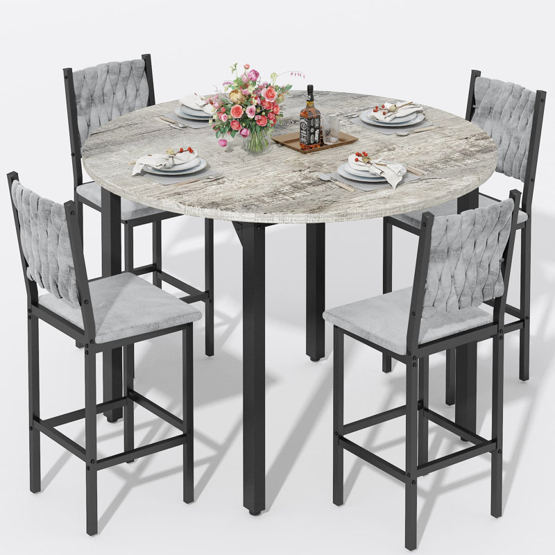 Ensemble de table de salle à manger 4 pièces à hauteur de bar ronde, plateau de table en faux marbre blanc avec structure en métal noir, 4 tabourets de bar recouverts de velours, ensemble de table bistro peu encombrant pour petit coin-repas