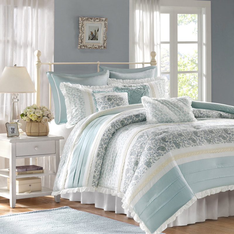 Ensemble d'édredon en percale de coton 9 pièces Dawn, Grand édredon et 8 pièces supplémentaires, Turquoise