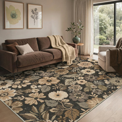 Bungalow Rose Vintage Botanical Floral Area Rug - Machine Washable Non-Slip Brown & Beige Carpet, Pet Friendly Runner & Rug for Living Room