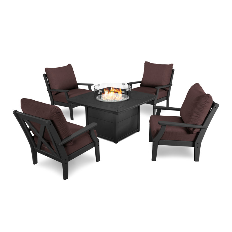 Braxton 5-Piece Deep Seating Conversation Set with Fire Pit Table, Granite, Black