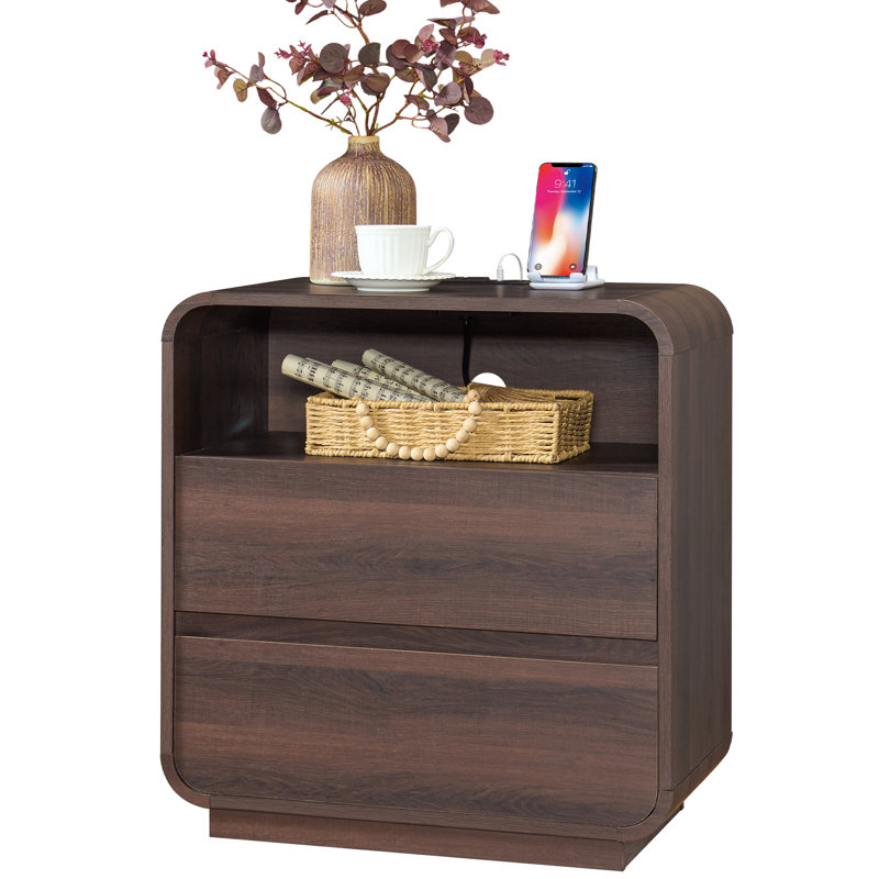 Table de bout en bois de 25 po de hauteur, table de chevet en noyer avec station de charge et 2 tiroirs, table d'appoint courbée