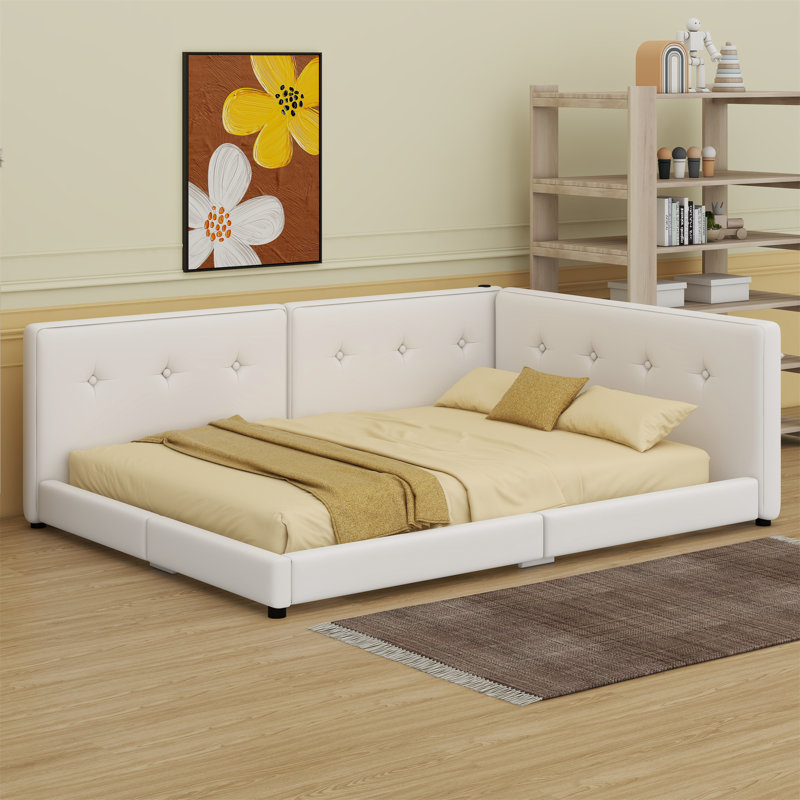 Lit plateforme tapissier avec ports USB, Beige