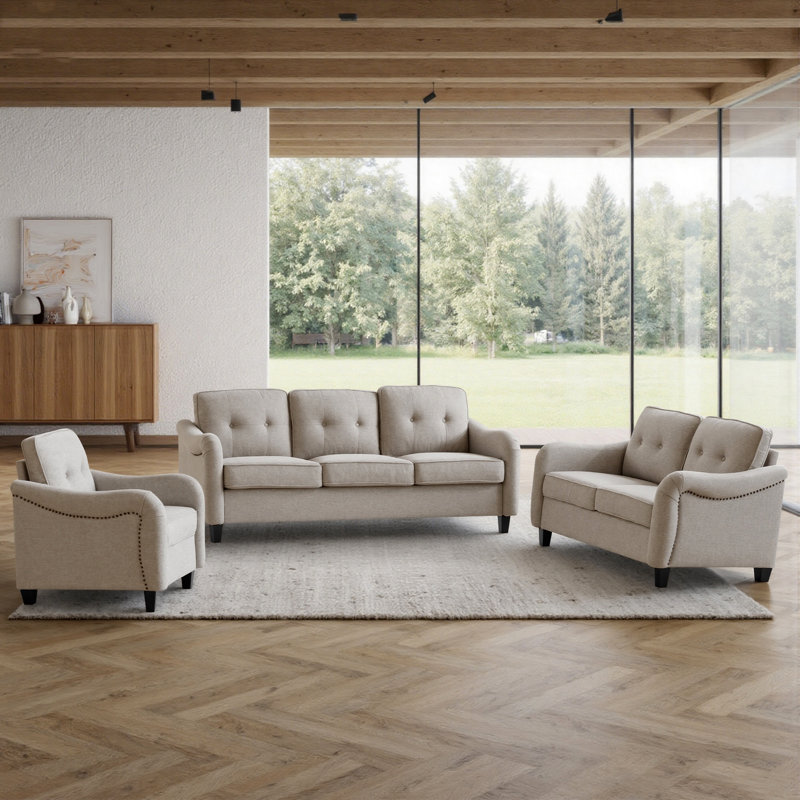 Ensemble 3 pièces de canapé de salon, canapé modulaire, causeuse et fauteuil, Beige