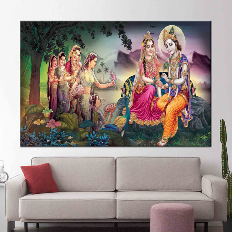 Radha Krishna Painting With Traditional Indian Art Style Captured on Canvas Featuring Lord Krishna and Radha in Canvas Art Print