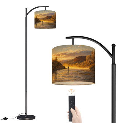 Arc Floor Lamp with Adjustable Lampshade Fly Fishing Sunrise Standing Lamp 3 Color Temperatures Dimmable Tall Pole Lamp with Foot Switch for Bedroom