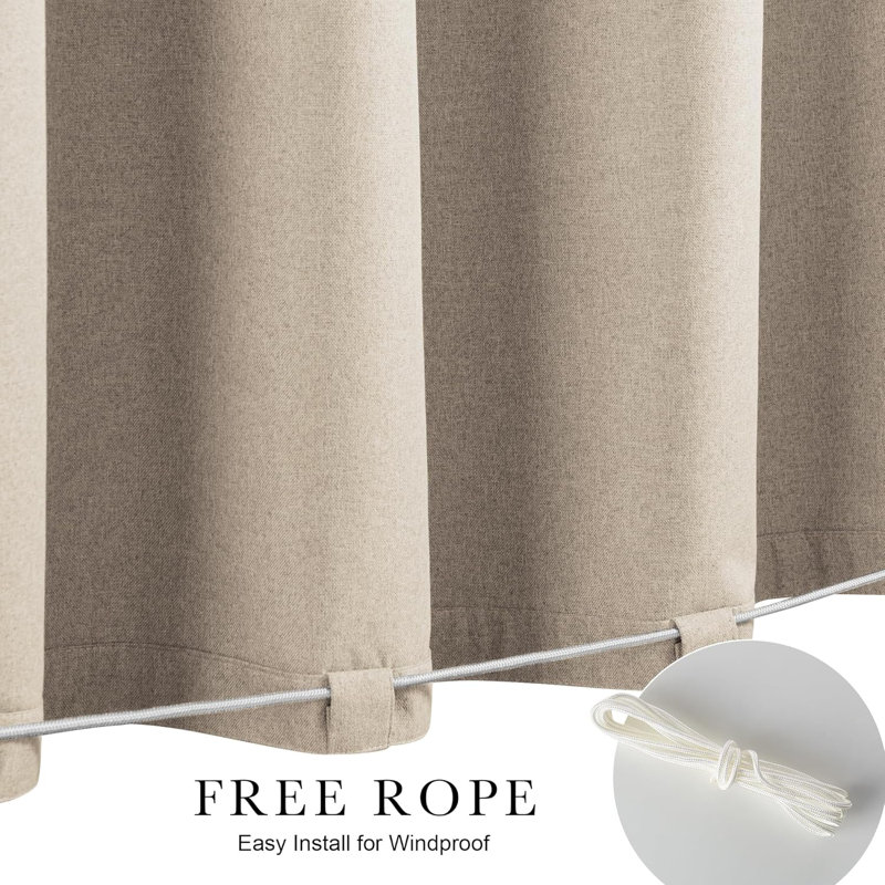 100% Blackout Linen Outdoor Curtains for Patio Waterproof, Windproof Gazebo Curtains with Sticky Back Top & Back Tab Bottom, 2 Straps & Rope Included for Porch Pergola