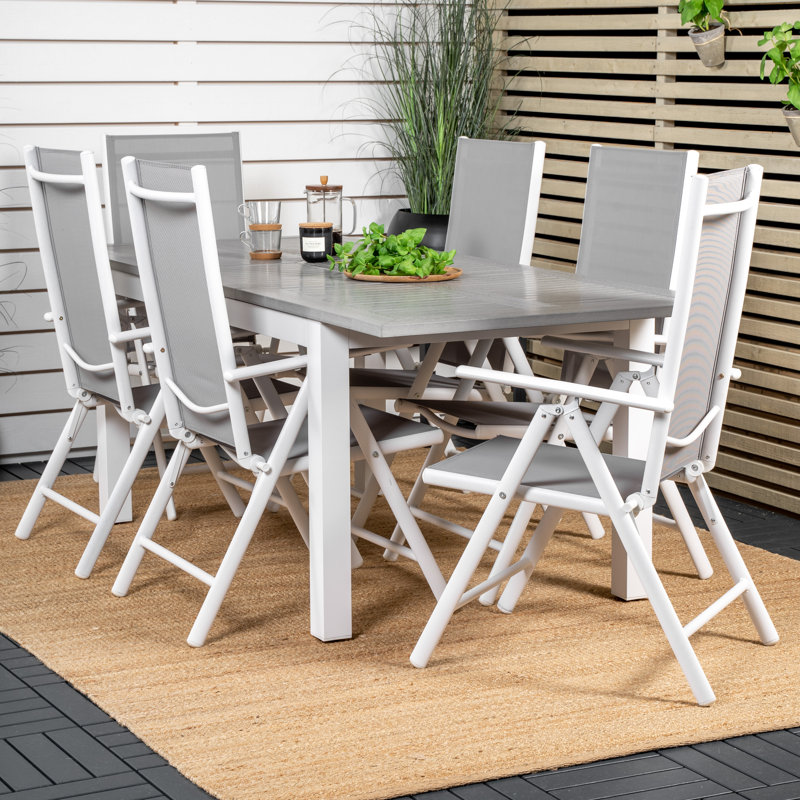 Jayesh 6 - Person Patio Dining Set with Extendable Rectangular Table, White/Grey, 75cm H x 160cm L x 90cm W