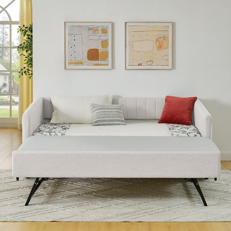 Lit de jour avec canapé-lit rembourré avec rayures verticales, tissu en lin, Beige, Lit simple