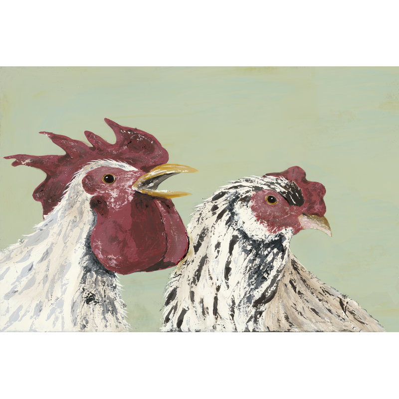 Four Roosters White Chickens - Painting, Black Floater Framed, 81cm H x 122cm W