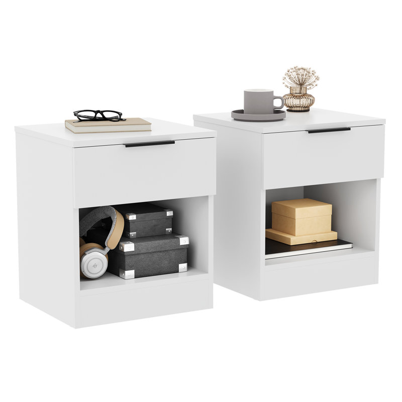 Tasheeka 1 Drawer Bedside Chest With Open Storage Shelf Modern Bedroom Nightstand Set Of 2, White