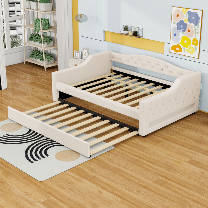 Full XL Upholstered Daybed with Trundle and LED and Sturdy Frame, Beige