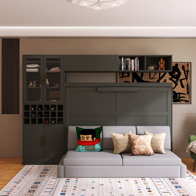 Wood Frame Full Size Murphy Bed with Sofa , USB and Light
