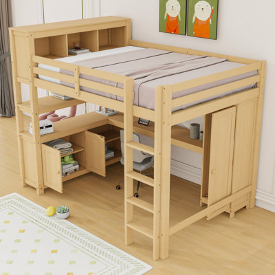 Grand lit mezzanine en bois avec garde-robe, bureau et armoire