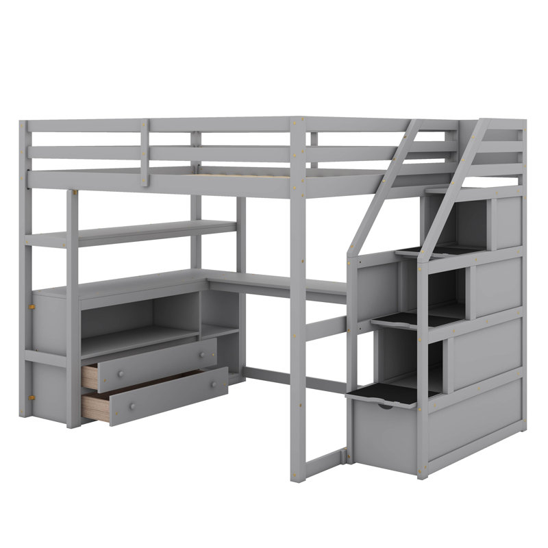 Lit mezzanine double avec bureau et tablettes, Gris