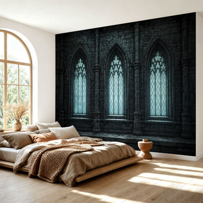Wall Mural Peel and Stick Wallpaper Gothic Cathedral Stone Windows Blue Light Dark Medieval Architecture Self-Adhesive Removable Contact Paper Wall Decor for Living Room Bedroom 69"H x 96"W