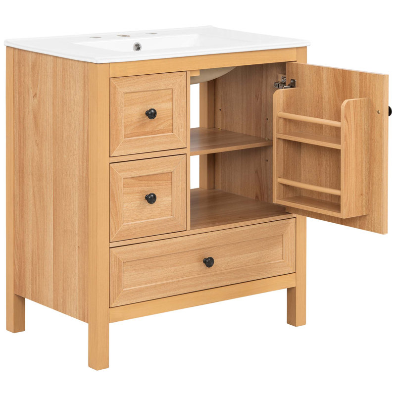 Meuble-lavabo 30 po à grain de bois avec lavabo en céramique, pieds en bois massif, tablette réglable, porte et tiroirs à fermeture en douceur, support de rangement, conception à dossier ouvert