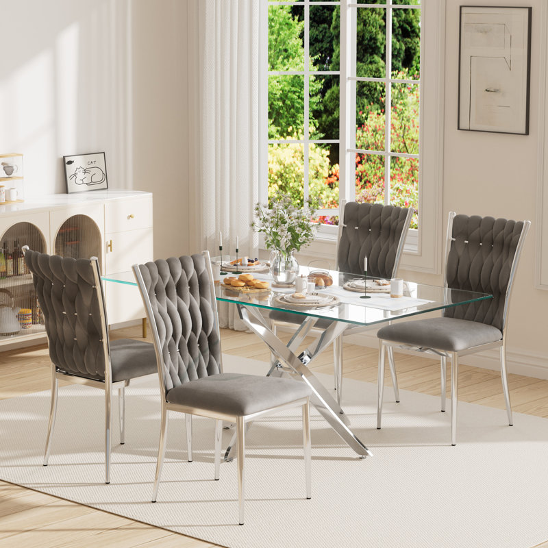 63" Rectangular Tempered Glass Table set, 5, Gray/Silver