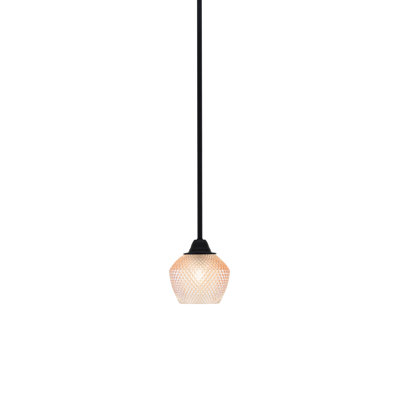 Perrin Stem Hung Mini Pendant Shown In Matte Black Finish With 6" Amber Textured Glass