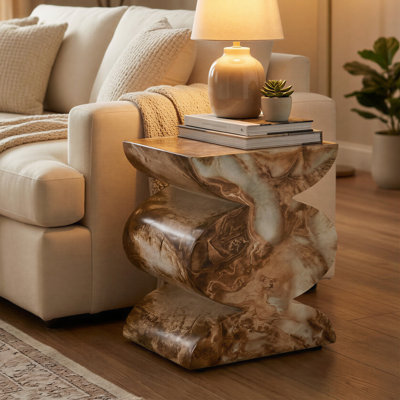 Ivy Bronx Taiden Faux Marble Effect Stool End Table Onyx Brown Concrete Side Table for Indoor and Outdoor Small Spaces