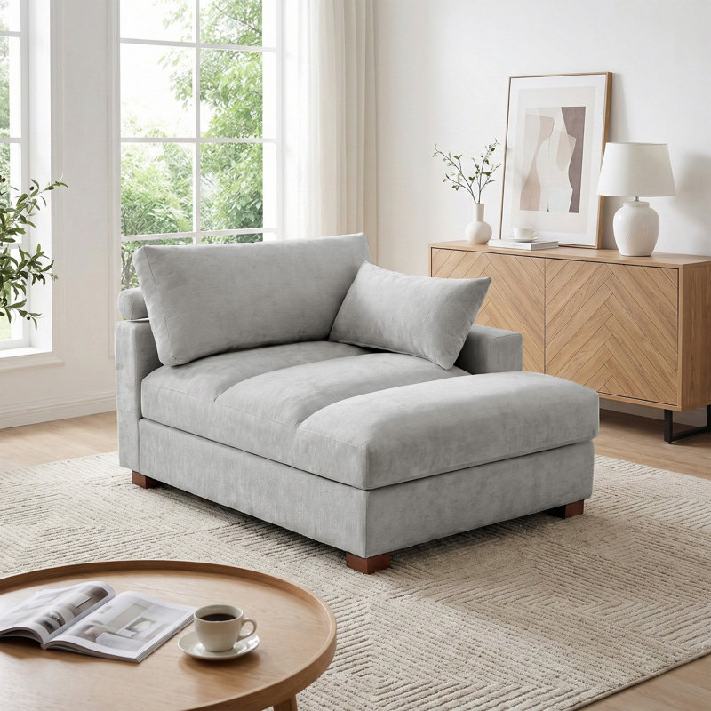 Chaise longue surdimensionnée rembourrée en chenille grise avec accoudoirs et coussins décoratifs, Gris