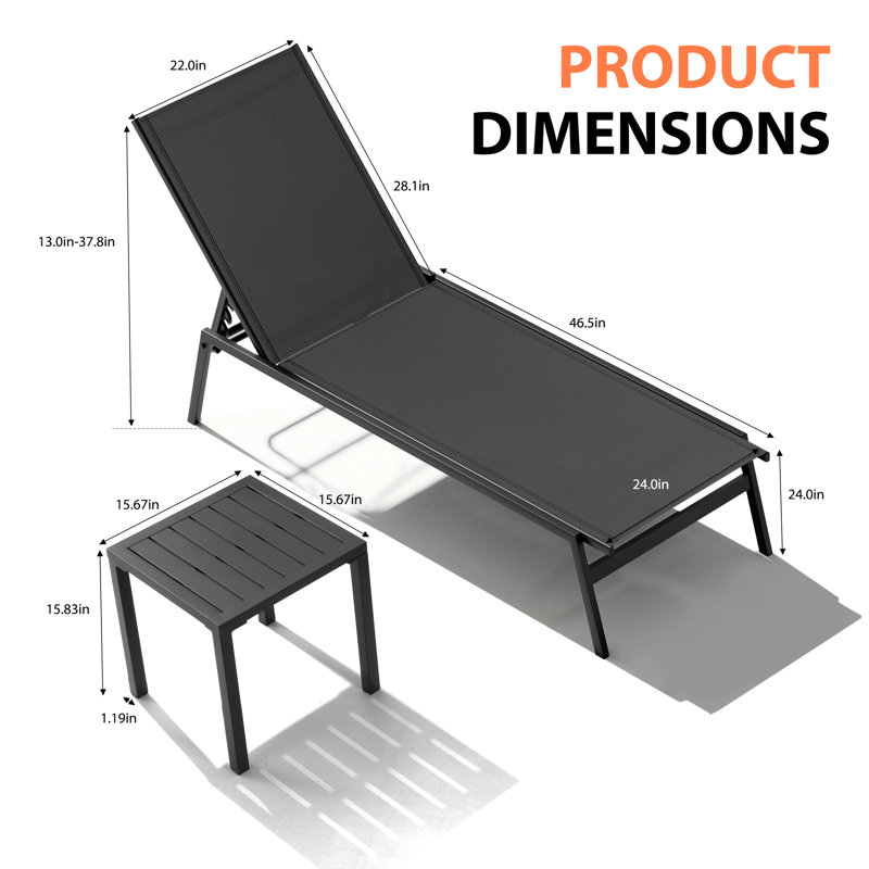 Esko Metal Outdoor Chaise Lounge Set with Table, Black