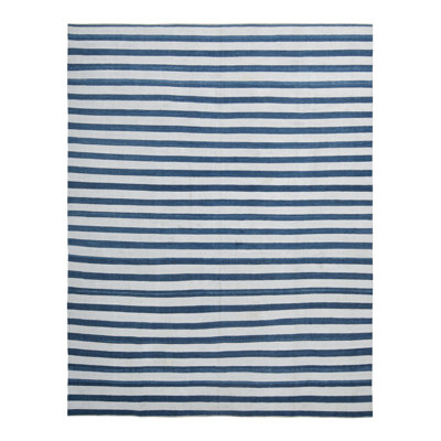 Rug & Kilim’S Contemporary Dhurrie Rug In Navy Blue And Off-White Stripes