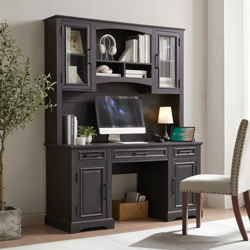 Dennison 76'' Farmhouse Computer Desk With Hutch And 3 Drawers, Black