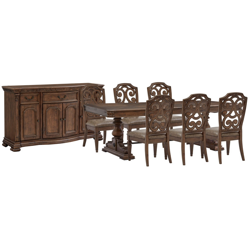 Extendable Trestle Dining Table With 6 Side Chairs And Buffet, 8 Pieces: Table, 6 Chairs, Buffet