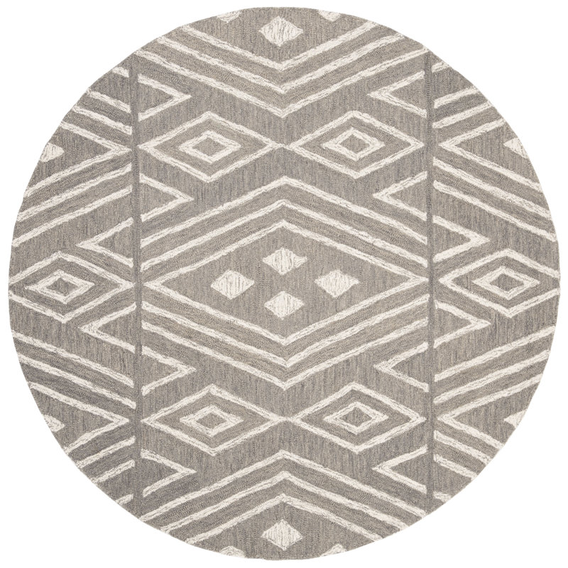 Tapis gris / ivoire en laine / coton touffeté à la main Vedika, Rond 5 pi