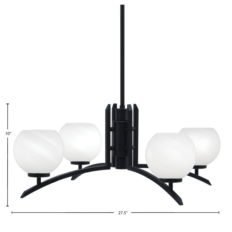 Lustre 4 lumières Kurve illustré en finition noir mat avec verre de marbre blanc de 5,75 po