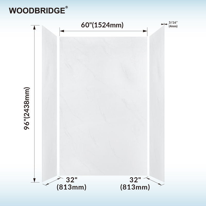 Ensemble de panneau de douche mural 3 pièces WOODBRIDGE en blanc de Carrare, à installation rapide et réglable.