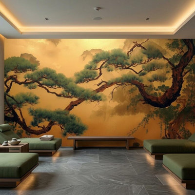 Japanese Pine Tree Wall Mural Golden Background Bonsai Branches Asian Zen Botanical Landscape Wallpaper for Home Decor
