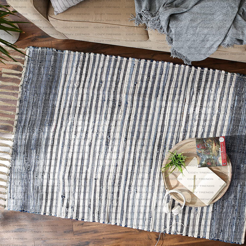 Handwoven Cotton Washable Reversible Rag Rug 2' X 3' With Tassels, Denim